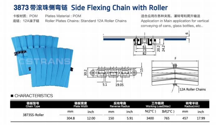 3873 sideflexing  closed surface with base roller chians