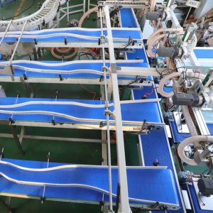 Multiple modular belt conveyor lines used for automated industrial production and material transfer